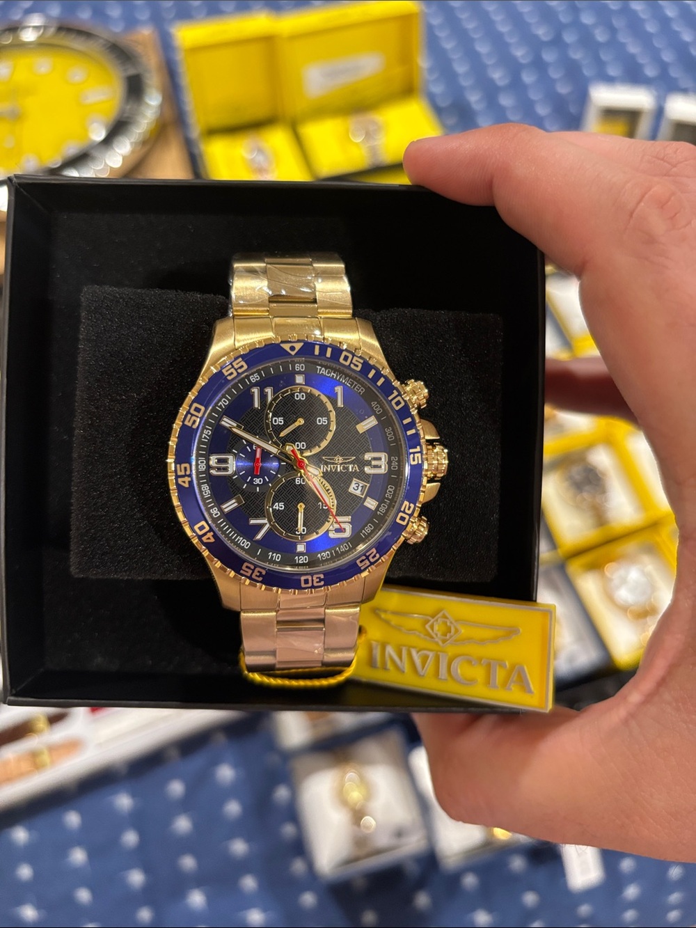 Invicta Gold Tone Chronograph Watch with Blue Dial and Blue Bezel